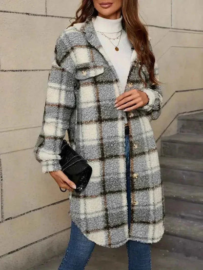Damen Trenchcoat Kariert Teddy Weich