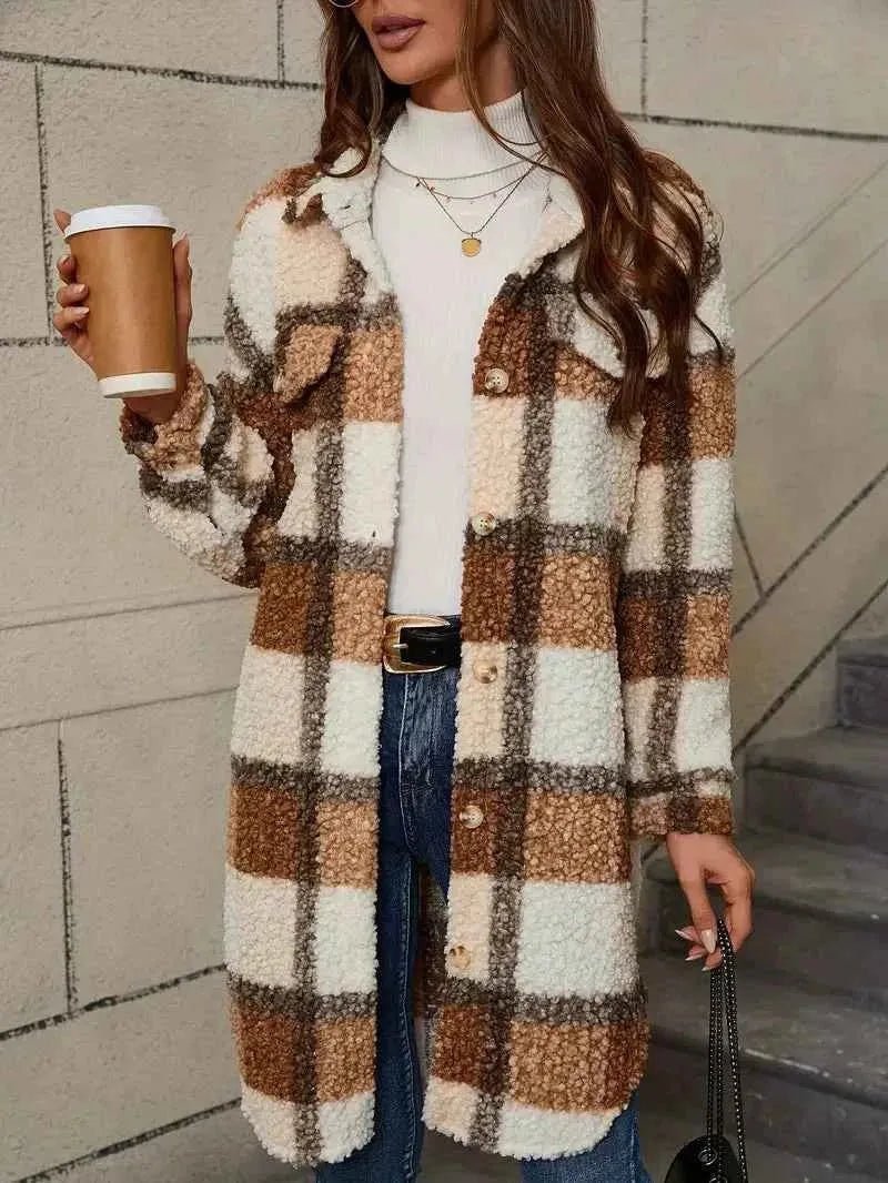 Damen Trenchcoat Kariert Teddy Weich - IdealeKleiden