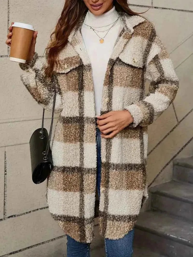 Damen Trenchcoat Kariert Teddy Weich