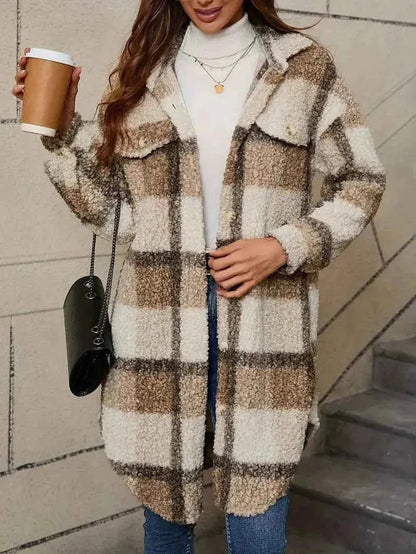 Damen Trenchcoat Kariert Teddy Weich