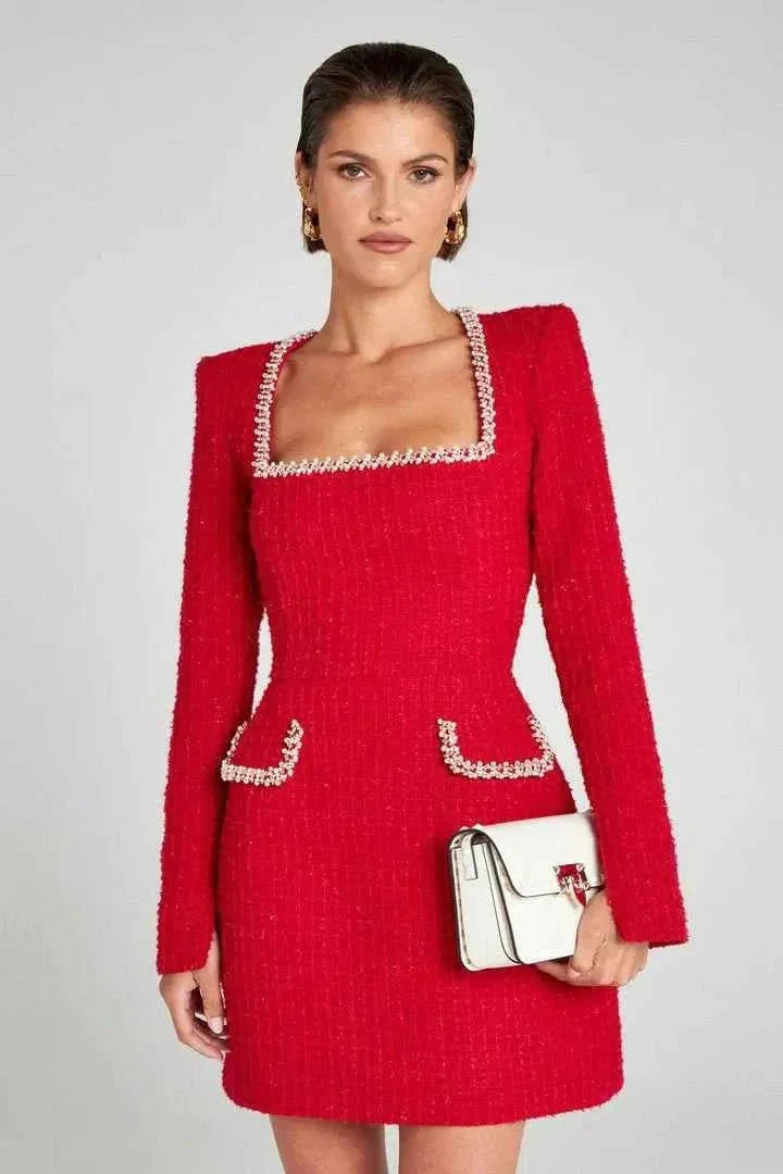 Tweed Minikleid Langarm Perlendekor Elegant - IdealeKleiden