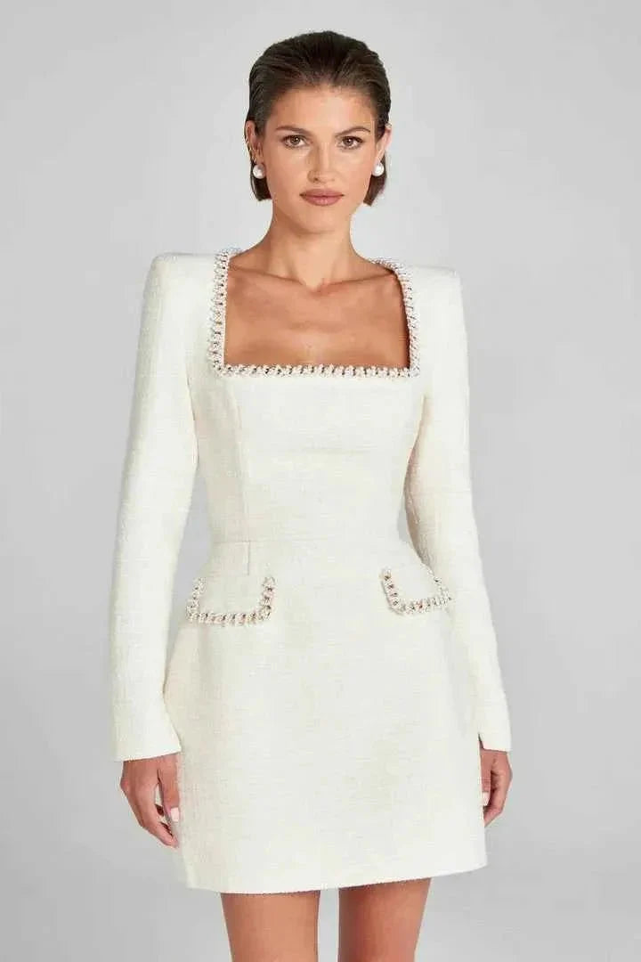Tweed Minikleid Langarm Perlendekor Elegant