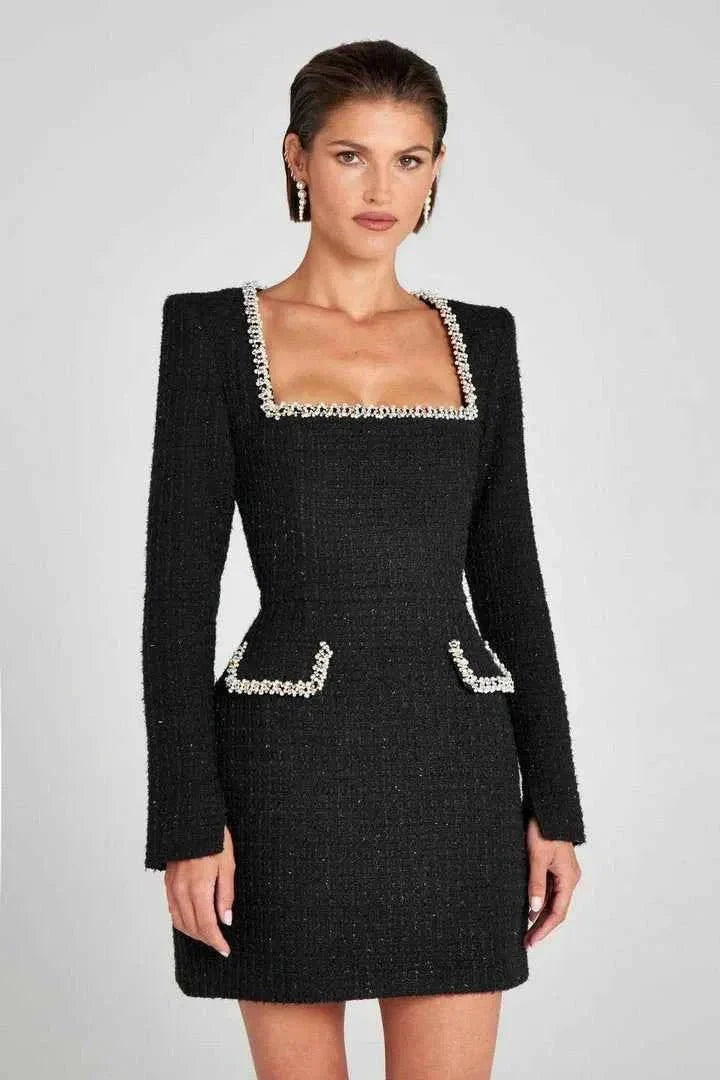 Tweed Minikleid Langarm Perlendekor Elegant