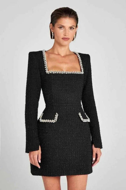 Tweed Minikleid Langarm Perlendekor Elegant