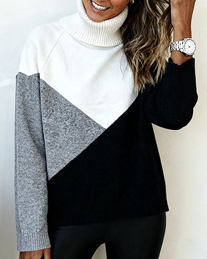Stylische Rollkragenpullover Kontrastfarben Damen