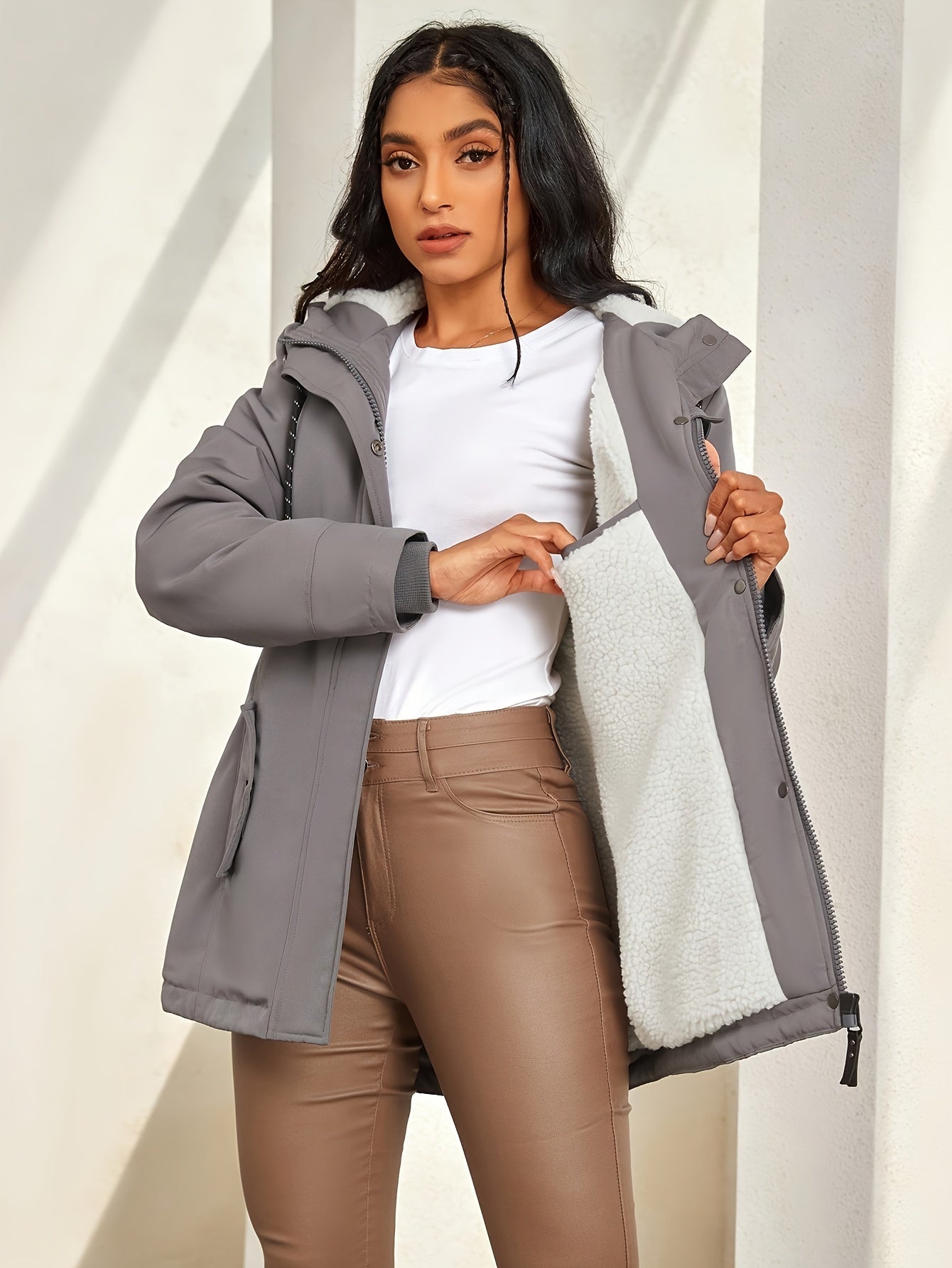 Winterkleid Grau Kapuzenmantel Kunstpelz Damen - IdealeKleiden
