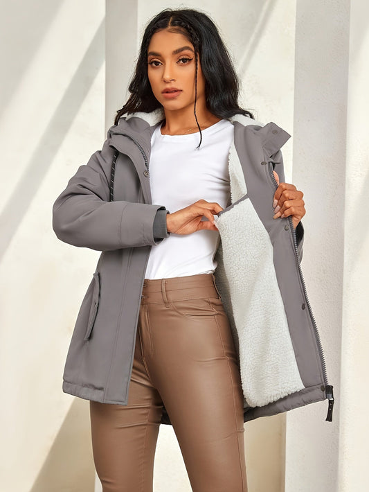 Winterkleid Grau Kapuzenmantel Kunstpelz Damen - IdealeKleiden