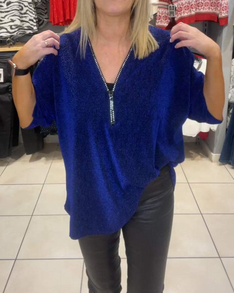 Damen Top Langarm Elegant Reißverschluss