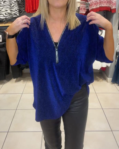 Damen Top Langarm Elegant Reißverschluss