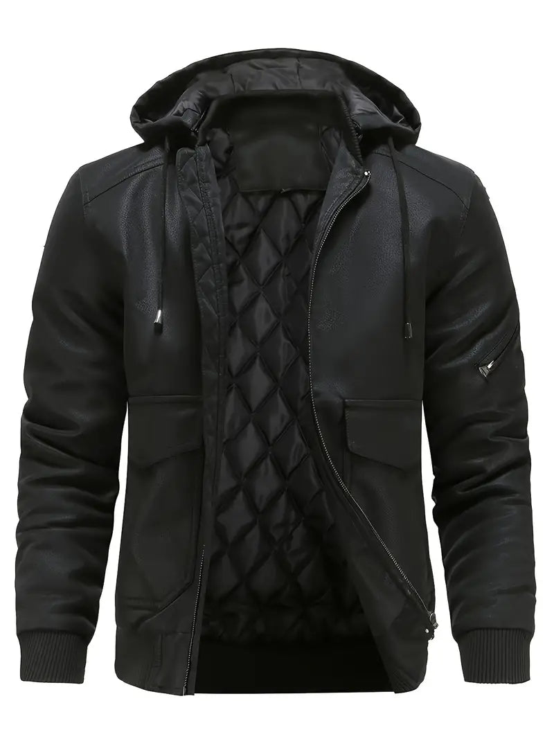 Herren Winterjacke Wasserdicht Winddicht PU-Leder Kapuze - IdealeKleiden