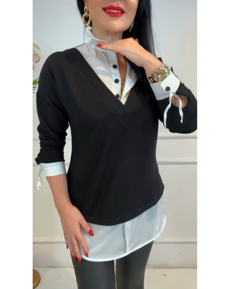 Modisches Kleid Schwarz Weiß Patchwork Design
