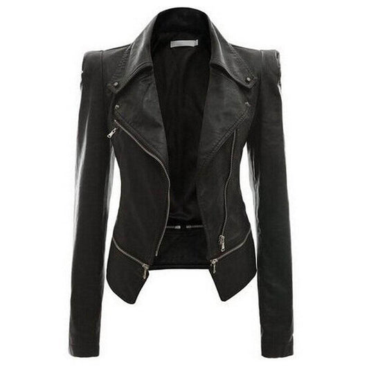 Damen Slimfit Lederjacke Schwarz Zip-Up - IdealeKleiden