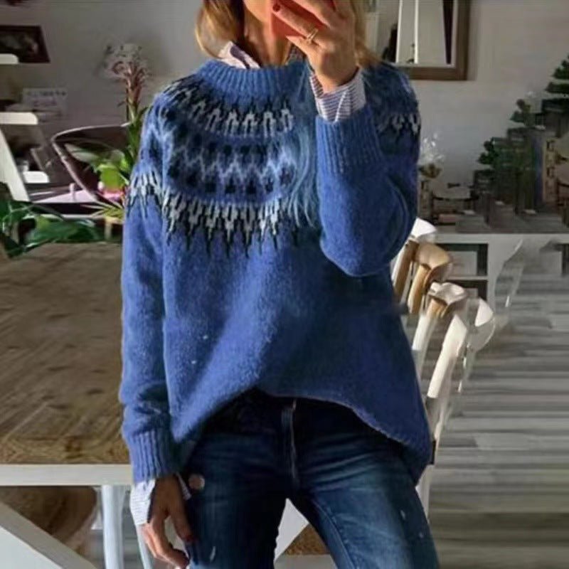 Norweger Pullover Damen Rundhals Winterwarm