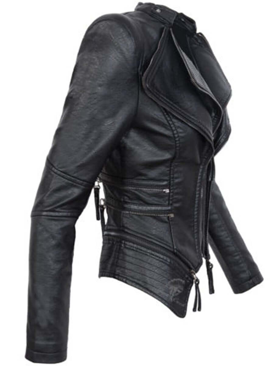 Damen Lederjacke Slim Fit Schwarz Reißverschluss - IdealeKleiden