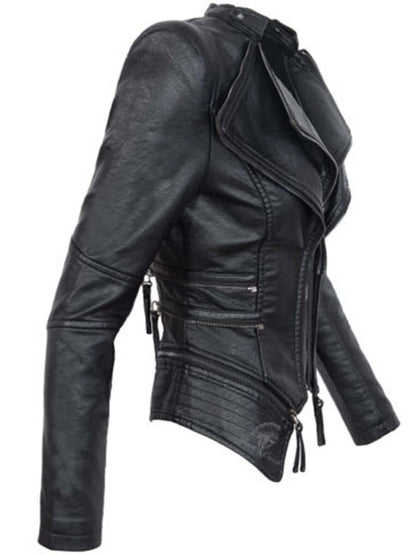 Damen Lederjacke Slim Fit Schwarz Reißverschluss - IdealeKleiden