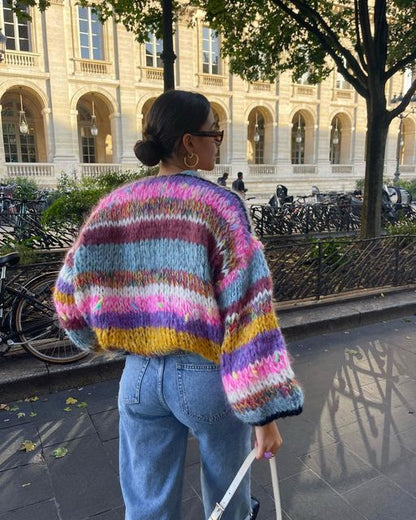 Damen Strickjacke Locker Geschnürt Streifenlook - IdealeKleiden