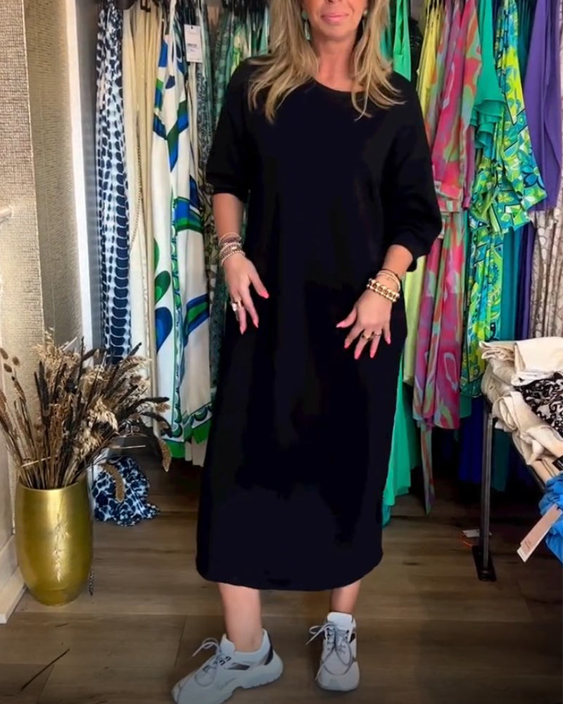 Elegante Kleid Damen Rundhals Fester Stoff