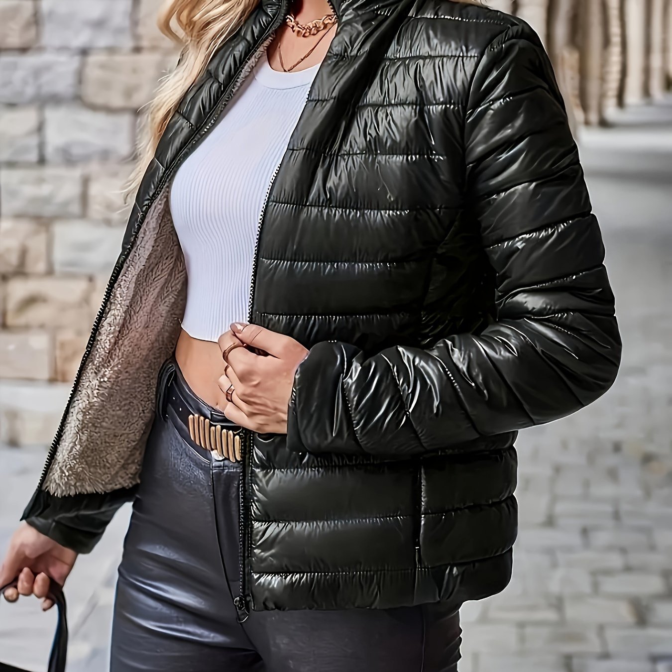 Eleganter Puffermantel Damen Stehkragen Taschen