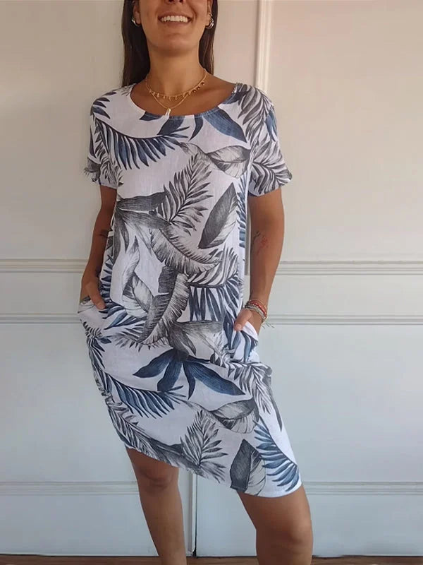 Damen Kleid Rundhals Ausschnitt Blumenmuster