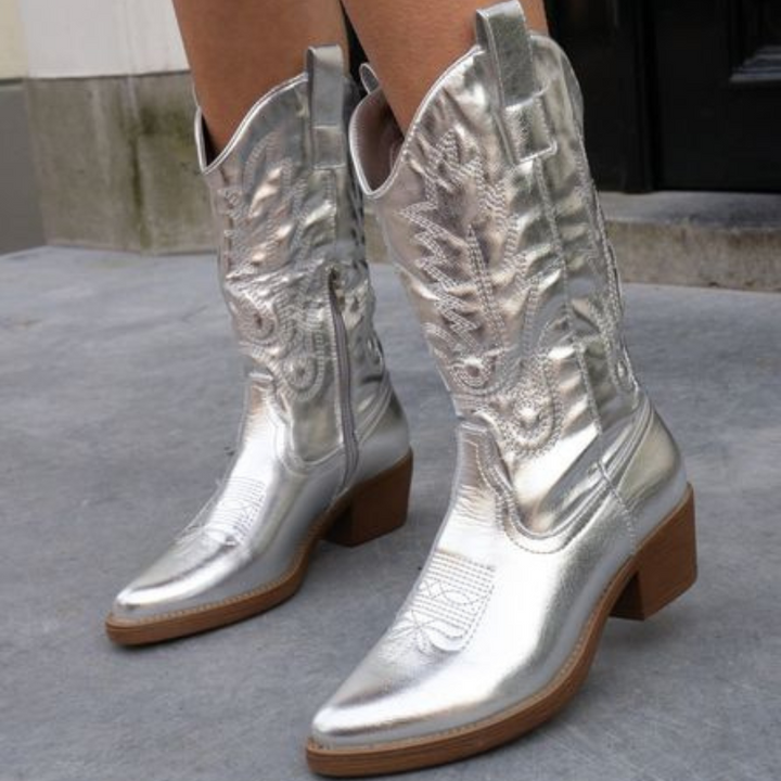 Modische Western Stiefel Damen Metallic Hochhackig