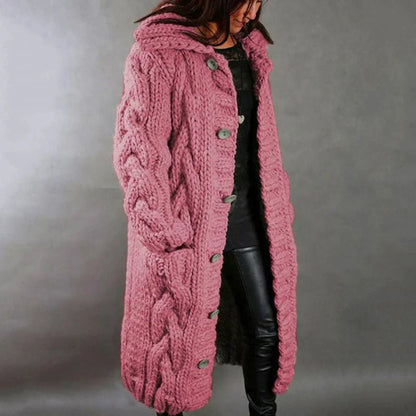 Langer Strickcardigan Kapuzenmantel Grobstrick Maxi