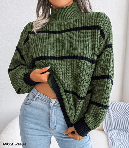 Damen Pullover Herbst Gemütlich Streifen Rollkragen