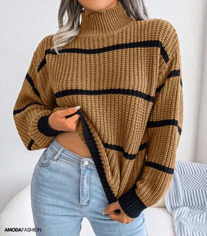 Gestreifter Rollkragenpullover Langarm Warm