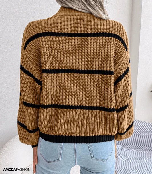 Damen Pullover Herbst Gemütlich Streifen Rollkragen - IdealeKleiden