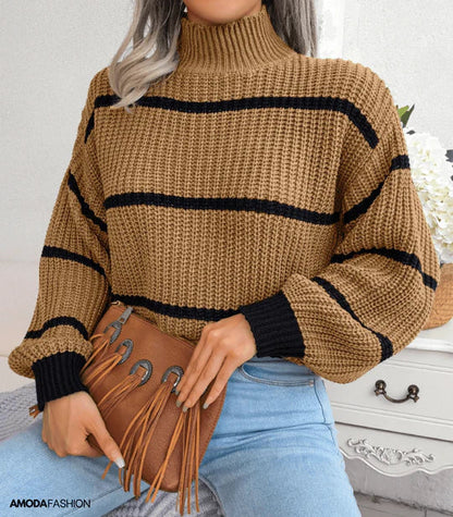 Damen Pullover Herbst Gemütlich Streifen Rollkragen