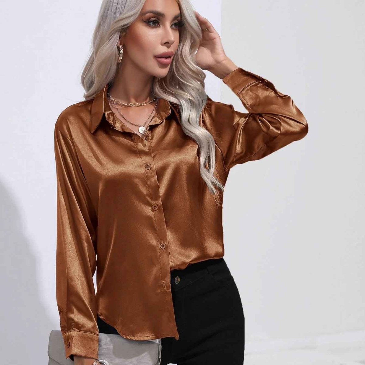 Elegante Satinbluse Glanz Effekt Damen Oberteil