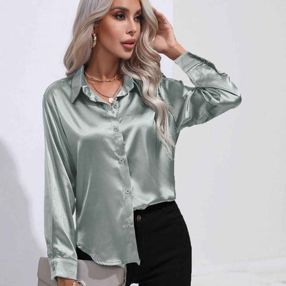 Elegante Satinbluse Glanz Effekt Damen Oberteil