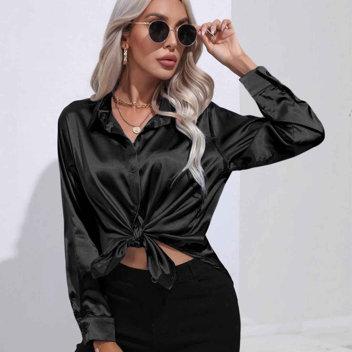 Elegante Satinbluse Glanz Effekt Damen Oberteil
