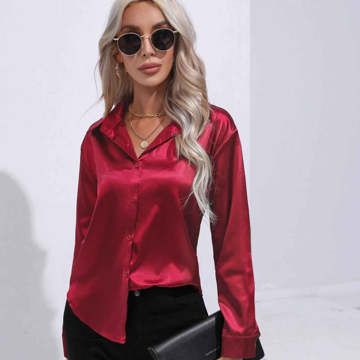 Elegante Satinbluse Glanz Effekt Damen Oberteil