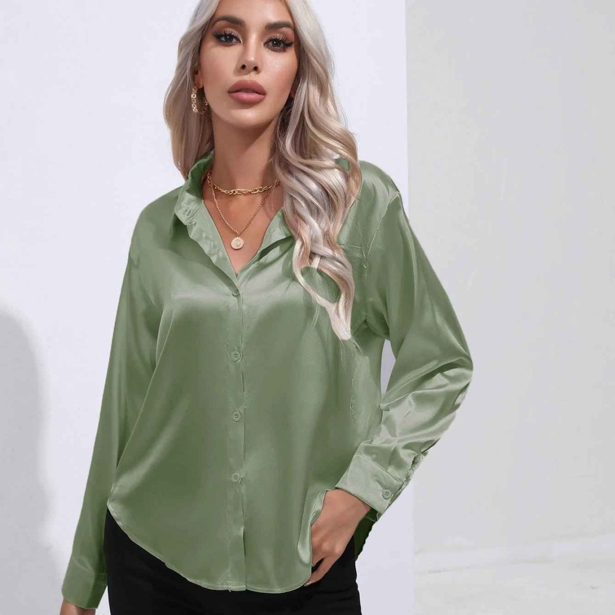 Elegante Satinbluse Glanz Effekt Damen Oberteil
