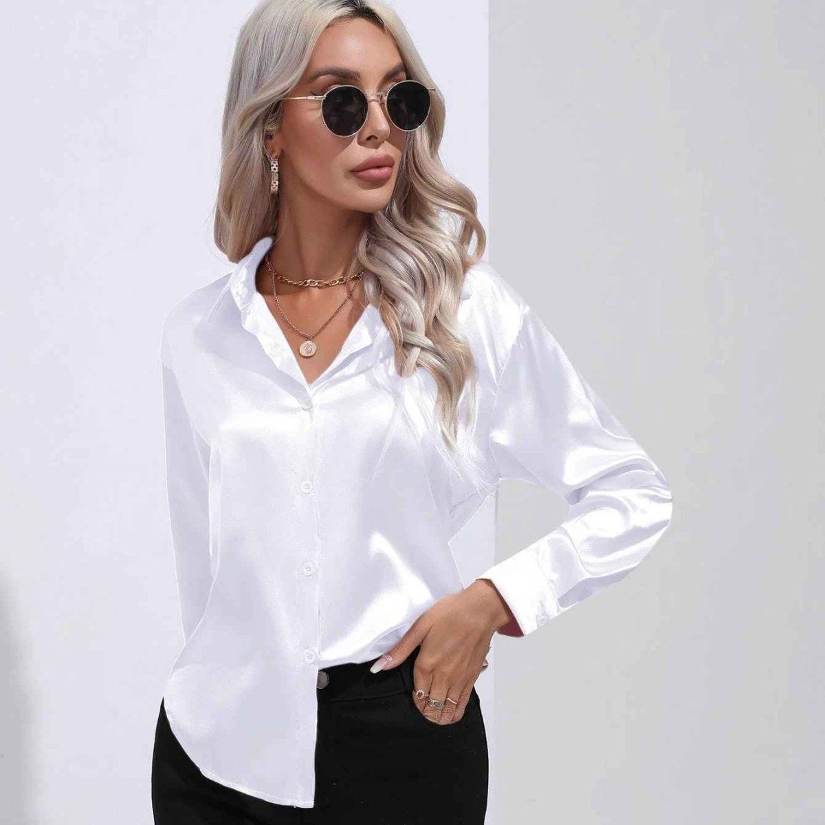 Elegante Satinbluse Glanz Effekt Damen Oberteil