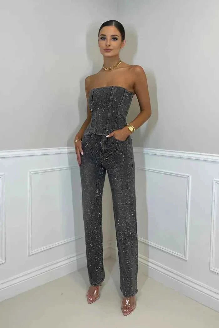 Glitzer-Jumpsuit mit feiner Spitze