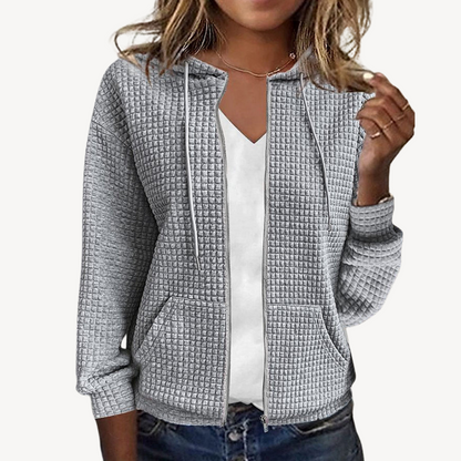 Damen Waffelstrick Kapuzenjacke Mit Reißverschluss