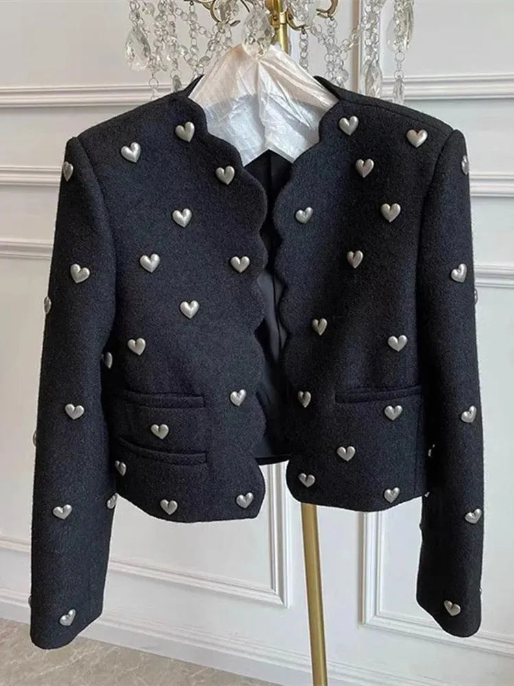 Herz Muster Wolljacke Damen Schwarz Tweed