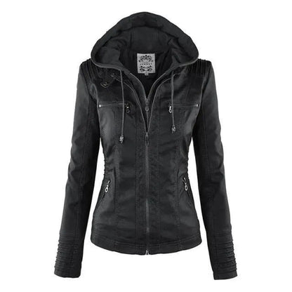Stilvolle Lederjacke Frauen Kapuze