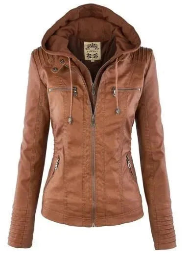 Stilvolle Lederjacke Frauen Kapuze
