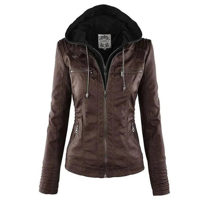 Stilvolle Lederjacke Frauen Kapuze