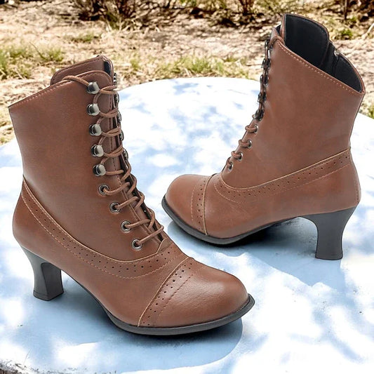 Damen Stiefel Viktorianisch Braune Mid Heel Schnürstiefel Elegance - IdealeKleiden