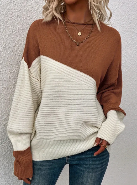 Damen Strickpullover Herbst Zweifarben Trendy