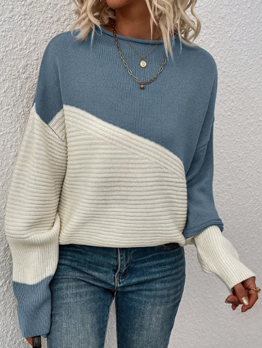 Damen Strickpullover Herbst Zweifarben Trendy