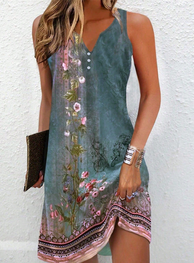 Damen Sommerkleid mit Blumenmuster und V-Ausschnitt