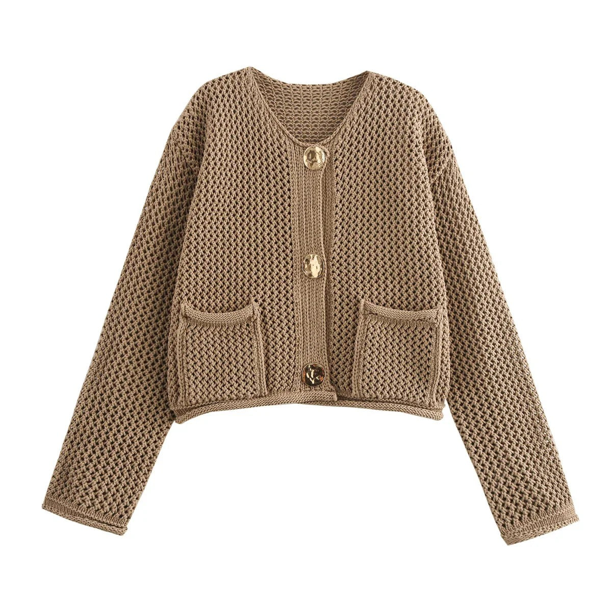 Herbst Strickjacke Gold Knöpfe Damen