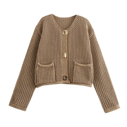 Herbst Strickjacke Gold Knöpfe Damen