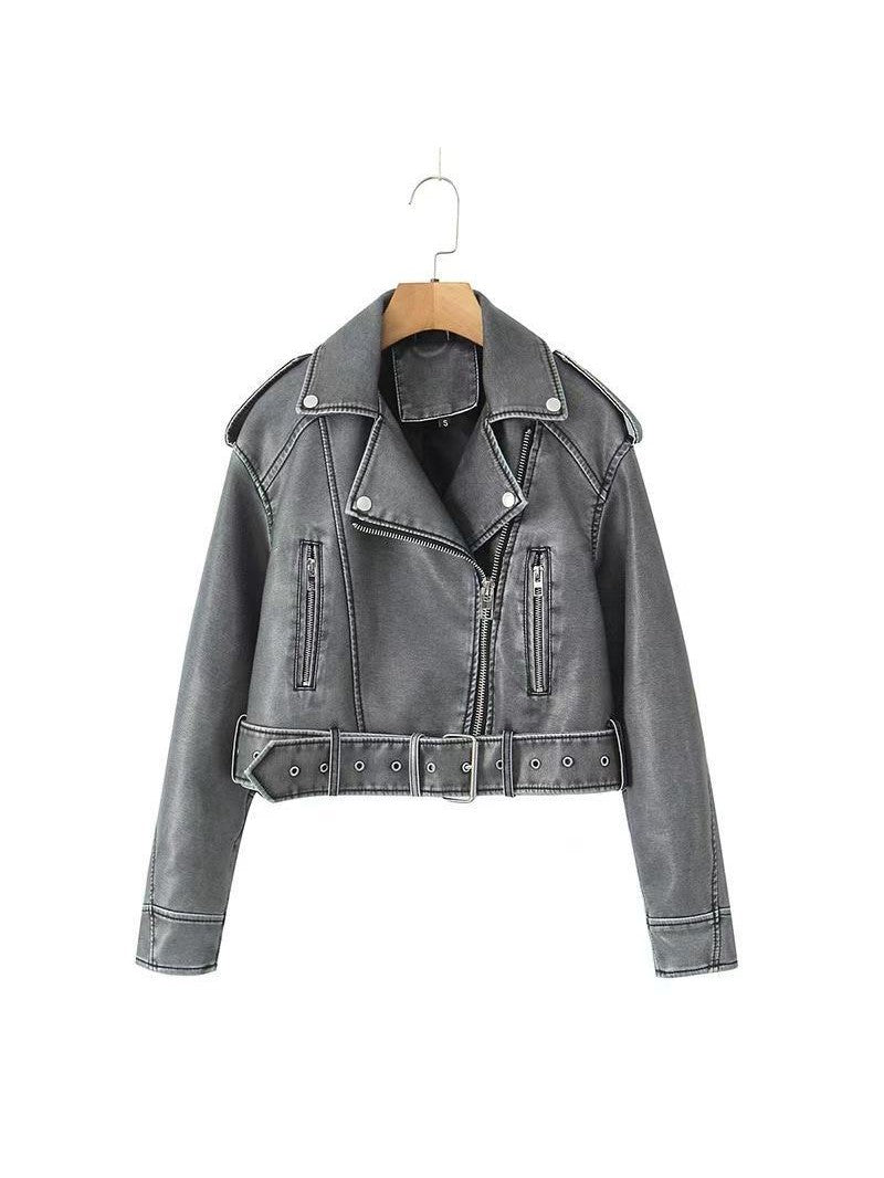 Lederjacke Bikerstyle Kurz Gürtel - IdealeKleiden