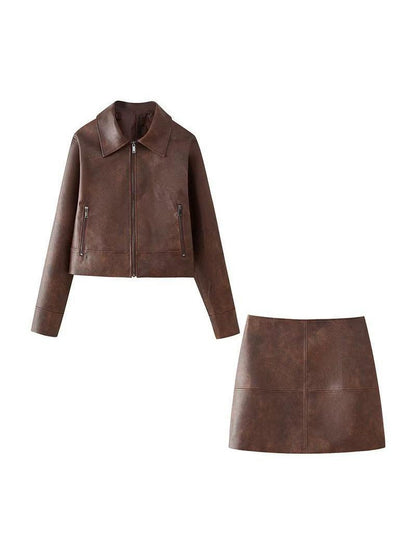 Lederjacke Kurzes Rock Set Frauen