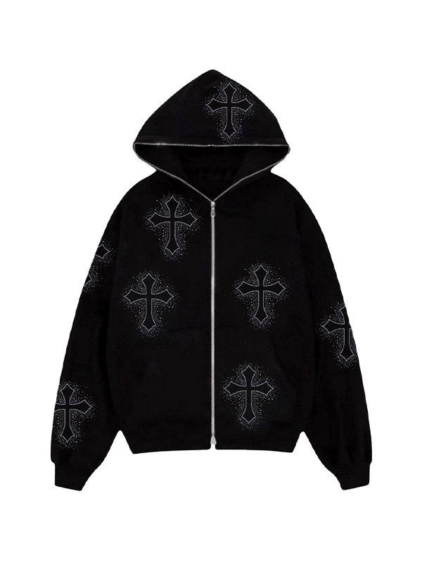 Stylische Damenhoodie Mit Reißverschluss Glitzer Kreuz - IdealeKleiden